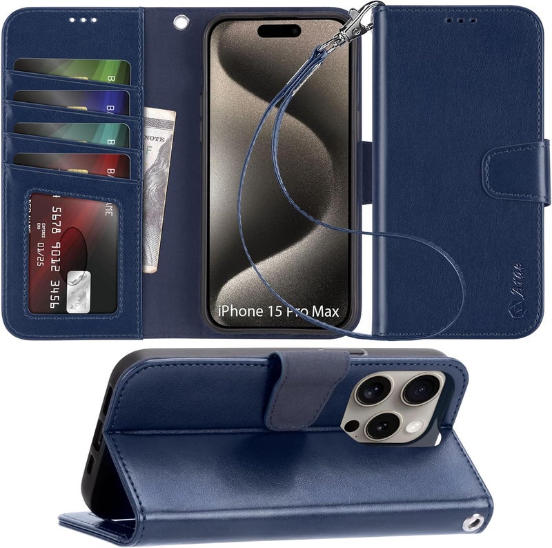 Arae Compatible with iPhone 15 Pro Max Case with Card Holder and Wrist Strap Wallet Flip Cover for iPhone 15 Pro Max 6.7 inch,Blue - Image 1